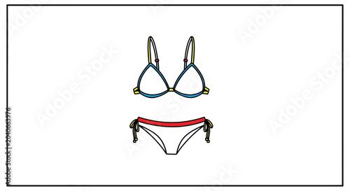 Stylish Bikini Set: Blue Halter Top and White Bottom with Red Trim