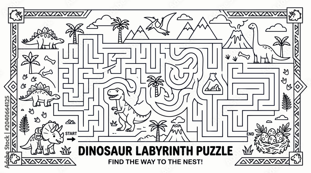 Fototapeta premium Dinosaur Labyrinth Maze Puzzle for Kids, Find the Way to the Nest, Vector Illustration
