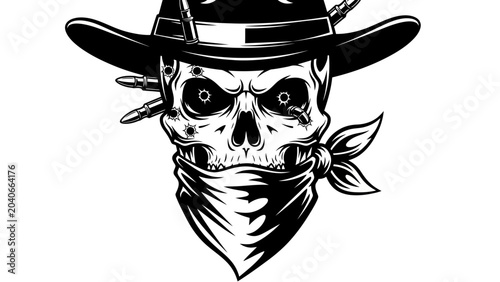 Foto Outlaw Cowboy Skull with Bandana and Bullets Vector Illustration