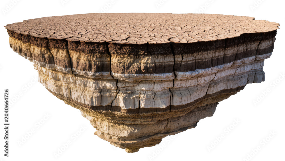Fototapeta premium Cracked dry earth layers showing geological strata, isolated on transparent background