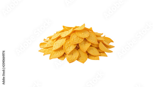 A large pile of crispy potato chips on a white background