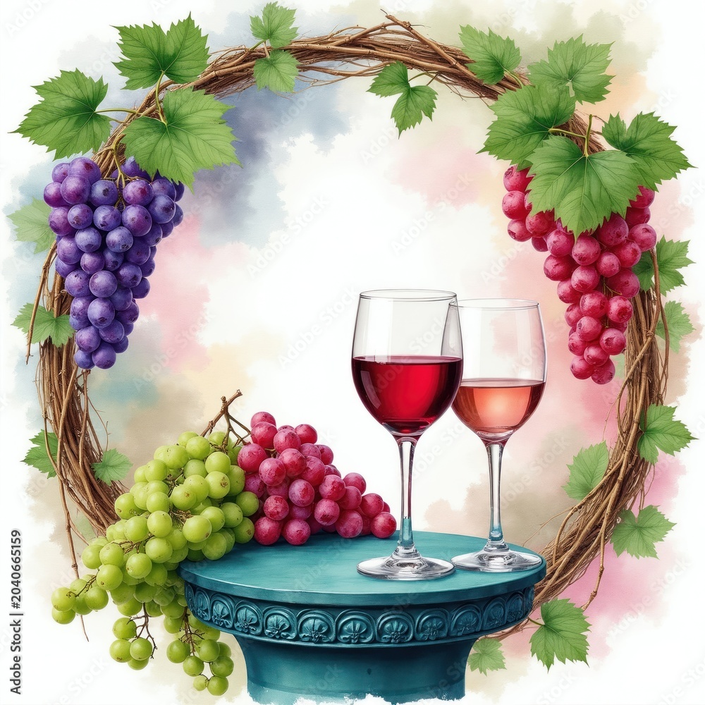 Fototapeta premium Illustration shows grapes in bunches, wine glasses. Wine colors red, rose. Decorative vine wreath frames grapes, drinks. Floral background with watercolor effect. Wine tasting event setup. Winery