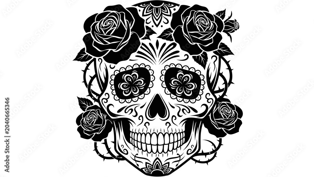 Fototapeta premium Sugar Skull with Roses and Floral Ornaments Design