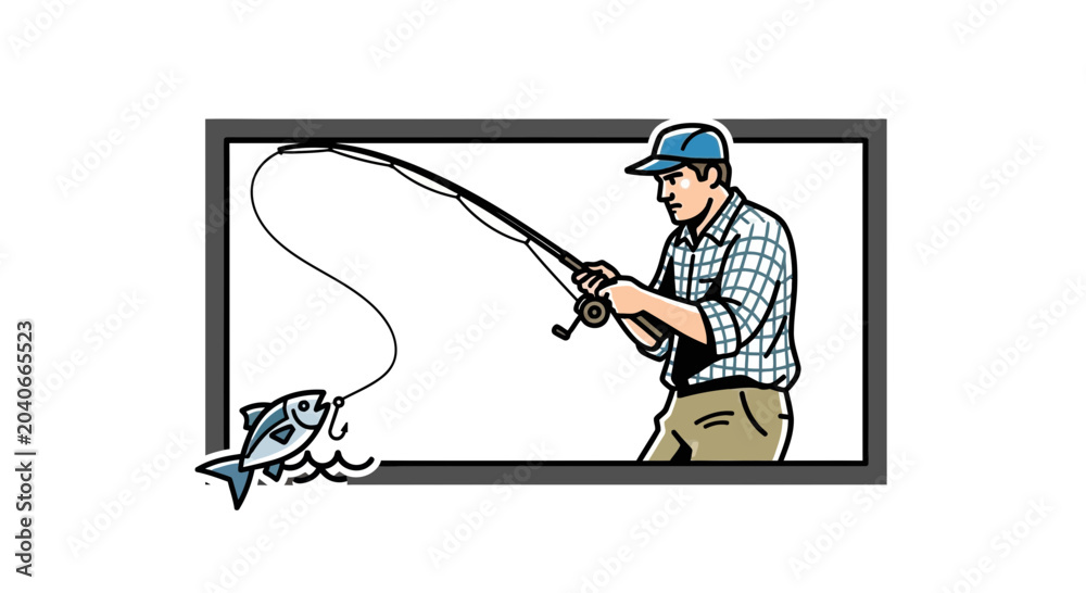 Naklejka premium Fisherman Catches Fish with Fishing Rod, Outdoor Hobby and Leisure Activity