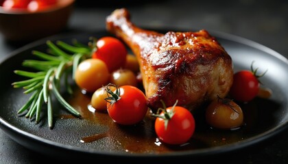 Golden brown roasted duck leg with crispy skin, juicy cherry tomatoes, and pearl onions sits on a dark plate. Fresh rosemary sprig adds aromatic garnish to the savory dish.