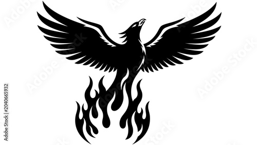 Konstfotografi Black Silhouette of a Rising Phoenix Bird with Fire Flames