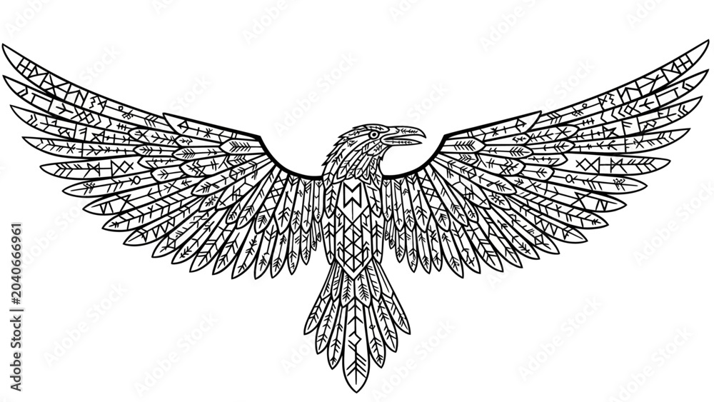 Obraz premium Norse Raven Illustration with Ancient Rune Symbols