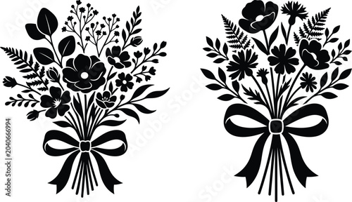 Black wildflower bouquet silhouette vector set isolated on white background. Two elegant detailed botanical flower tied with ribbons. Perfect for wedding invitations, Cricut vinyl laser cutting.