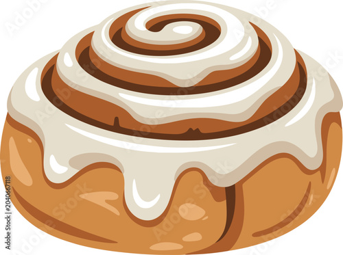 Freshly baked cinnamon roll with cream cheese frosting vector illustration, sweet cinnamon bun with dripping white glaze isolated on white background, bakery dessert icon