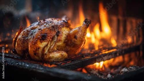 Delicious whole roasted chicken cooking on charcoal barbecue grill with flickering flames.