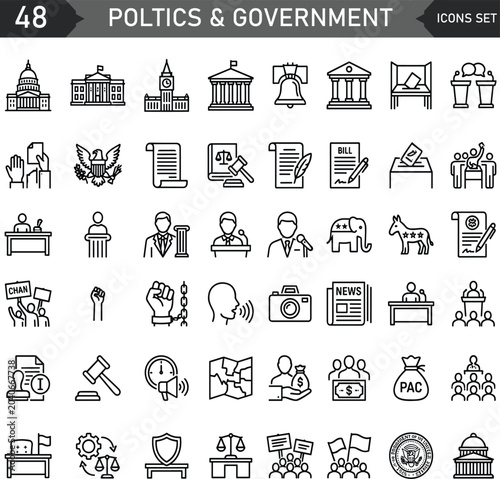 Photos politics and government line icon set featuring democracy, election, and public policy symbols