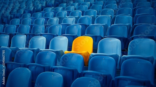 Stadium seats featuring rows of empty blue chairs with one single yellow chair stands out.