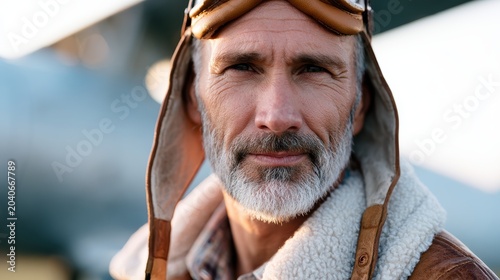 nostalgic film featuring a vintage pilot in aviator gear next to a classic aircraft, celebrating national aviation day
