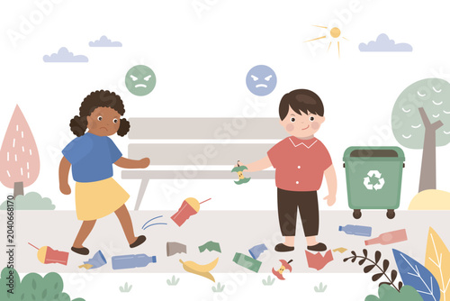 Bad girl and a boy litter in park despite recycling bin being nearby. Angry emojis highlights environmental problems and irresponsible behavior. Nature pollution, bad habits