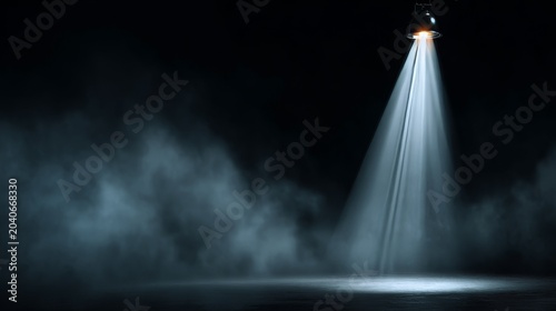 Dramatic theatrical spotlight shining through atmospheric dark smoke on black background.