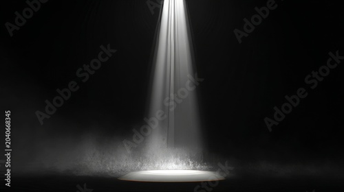 Single bright vertical spotlight illuminating dusty air particles against black backdrop.