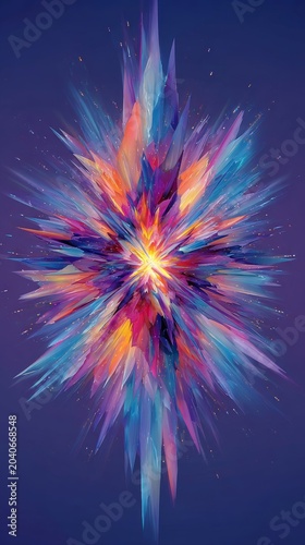 Abstract explosion of colorful crystal shards on deep purple background vibrant and dynamic.