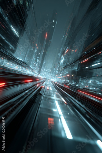 Futuristic cityscape with blurred motion effect showcasing illuminated skyscrapers and dynamic light trails in a high-tech urban environment at night