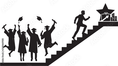 Career path silhouette vector, graduating students celebrating with caps, businessman climbing stairs toward corporate success and professional goals