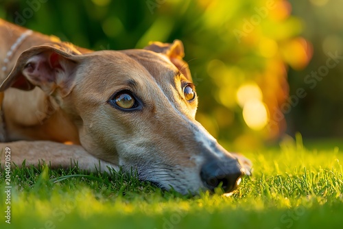Close up portrait of an elegant Azawakh dog lying down on green grass in summer nature