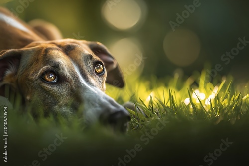 Close up portrait of an elegant Azawakh dog lying down on green grass in summer nature