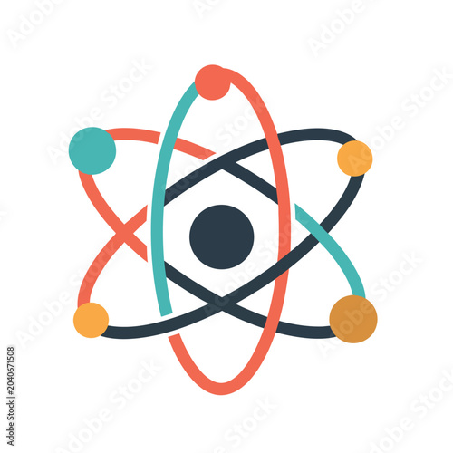 Minimalist colorful atom symbol icon representing science and research.