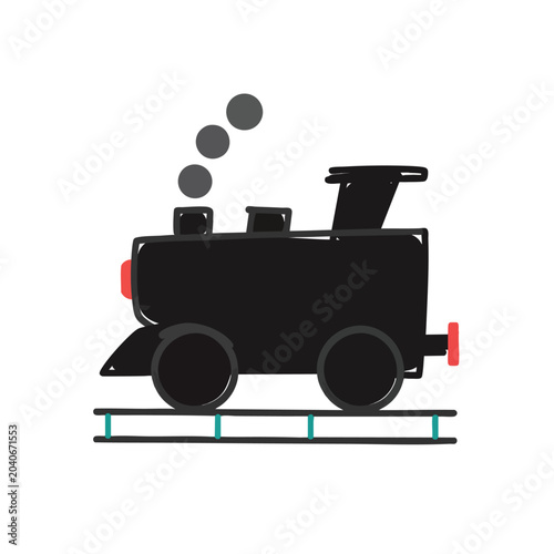 Minimalist black steam locomotive icon on tracks.