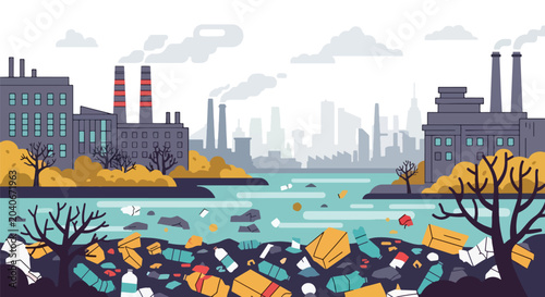 Bild auf Leinwand flat vector illustration of polluted river filled with trash and plastic bottles