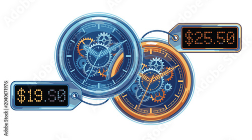Foto Digital clocks with price tags shown.
