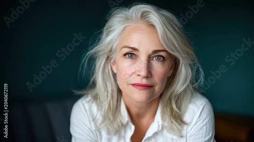 A captivating portrait of a mature woman with beautiful silver hair against a dark background, showcasing confidence and natural beauty in a timeless style.