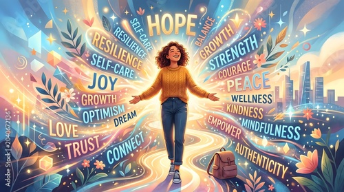Woman walking towards a bright future surrounded by positive affirmations