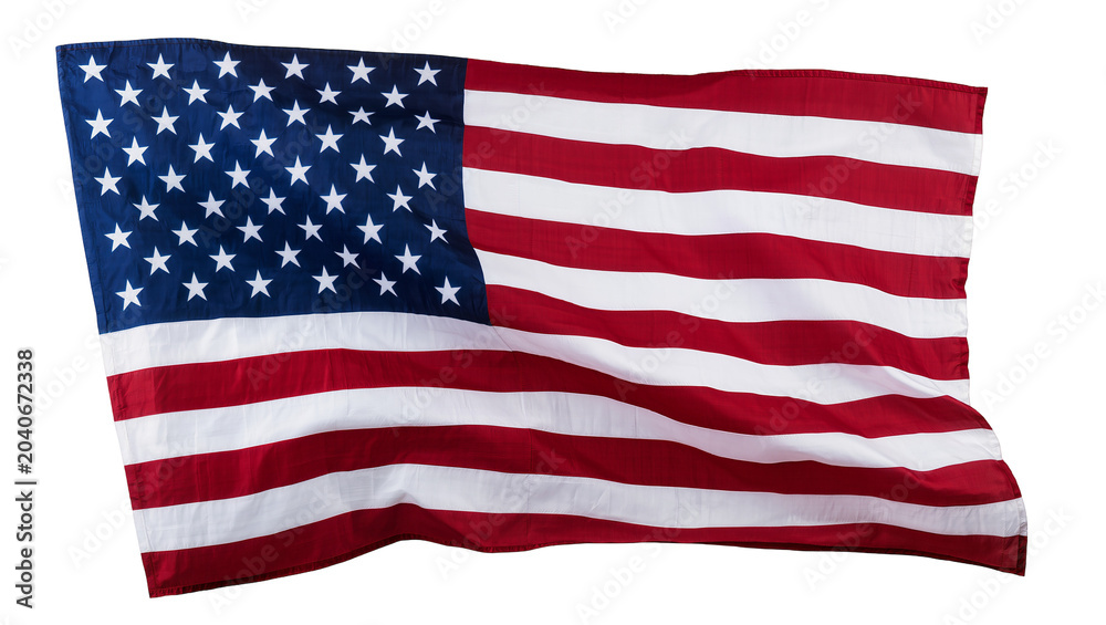 Fototapeta premium Waving United States flag with stars and stripes, isolated on transparent background