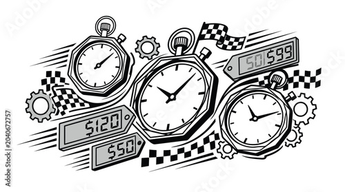 Konstfotografi Stopwatches with racing numbers and gears.
