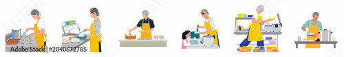Photos Illustration of cafeteria staff in yellow aprons and hairnets serving school lunches, including several characters in various food preparation and distribution scenes