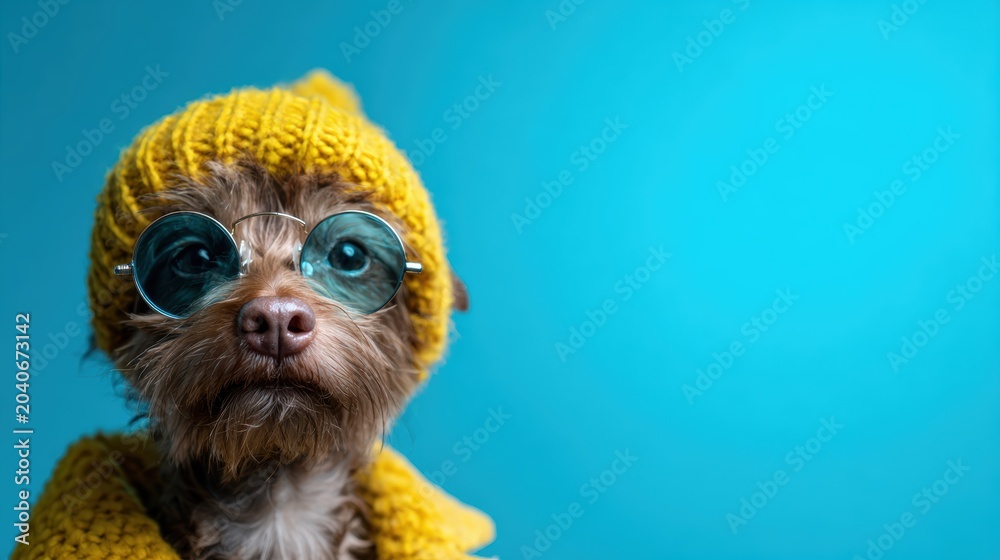 Fototapeta premium A fashionable dog, adorned in a yellow beanie and sunglasses, strikes a cute pose against a bright blue background, showcasing its playful character and charm.