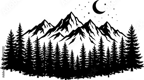 Silhouette of Snow-Capped Mountain Range Under Crescent Moon at Night Vector Illustration