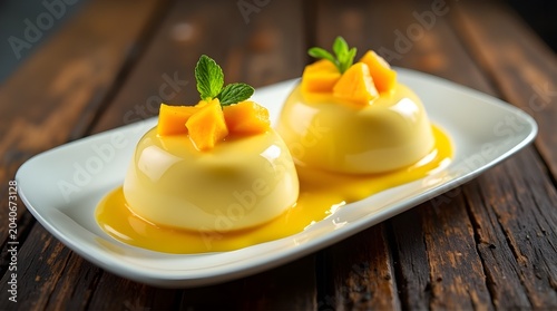 two mango pannacotas topped with mango chunks