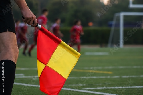 Assistant referee holding offside flag during soccer match.