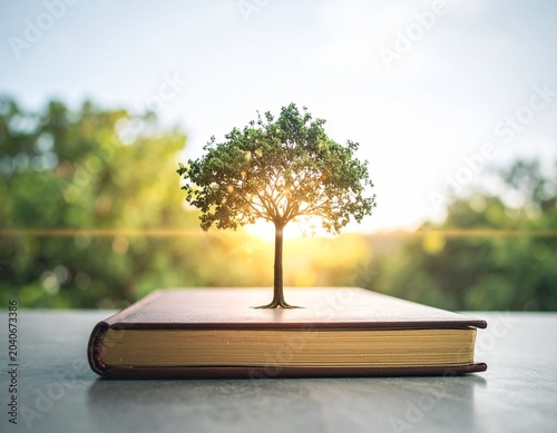 Tree Growing from a Book: A vibrant tree, symbolizing knowledge and growth, sprouts from the pages of an open book, set against a backdrop of a sun-drenched, natural landscape.