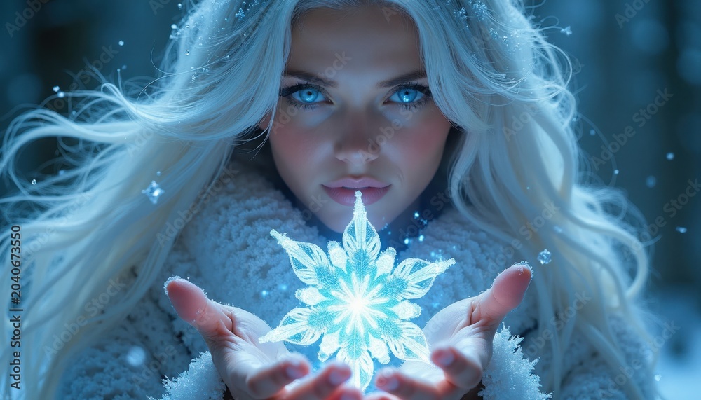 Obraz premium Woman with long blonde hair holds glowing snowflake in hands. Blue eyes gaze intensely. Winter magic emanates from her palms, creating sparkly frost. Cold weather fantasy art.