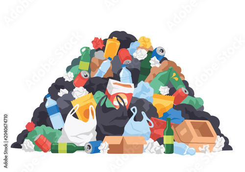Фотография Large accumulation of plastic packaging, bottles, and mixed waste highlights gro