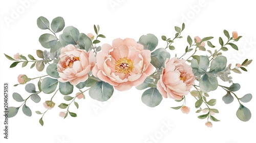 eucalyptus. Delicate watercolor floral wreath with pink peonies and eucalyptus in soft blush tones. gardening catalogs, home-decor guides, designed for home decor and floral branding.