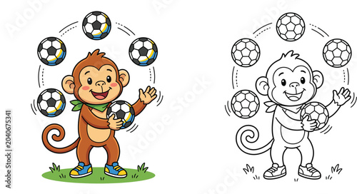 Canvas Print Cute Cartoon Monkey Juggling Soccer Balls Playfully