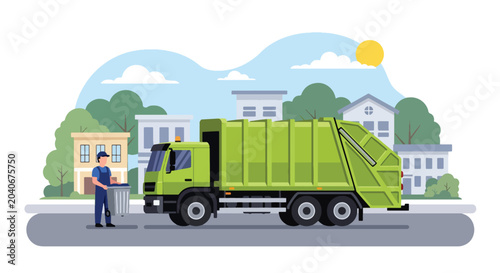 Billede på lærred Municipal sanitation worker collecting household waste with trash truck demonstr