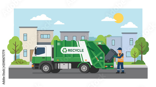 Εκτύπωση καμβά Municipal sanitation worker collecting household waste with trash truck demonstr