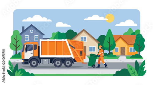 Slika na platnu Municipal sanitation worker collecting household waste with trash truck demonstr