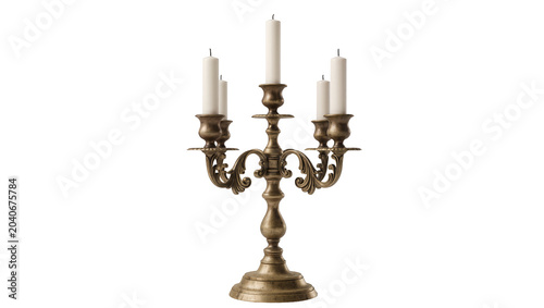 Картината върху платно Antique brass candelabra with five white candles, isolated on transparent backgr