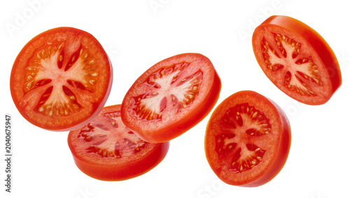 Quadro su tela Fresh red tomato slices with visible seeds and pulp, isolated on transparent bac