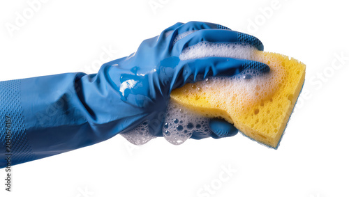 Photos Blue rubber glove holding soapy yellow sponge, isolated on transparent backgroun