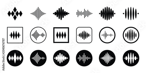 Sound wave and volume icons with modern audio controls, speaker indicators, waveform graphics and multimedia symbols, vector, designs